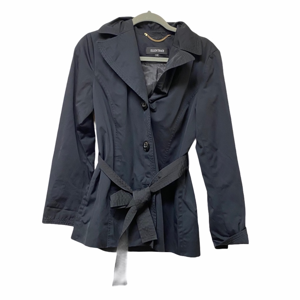 Ellen Tracy Black Nylon Hooded Trench Coat